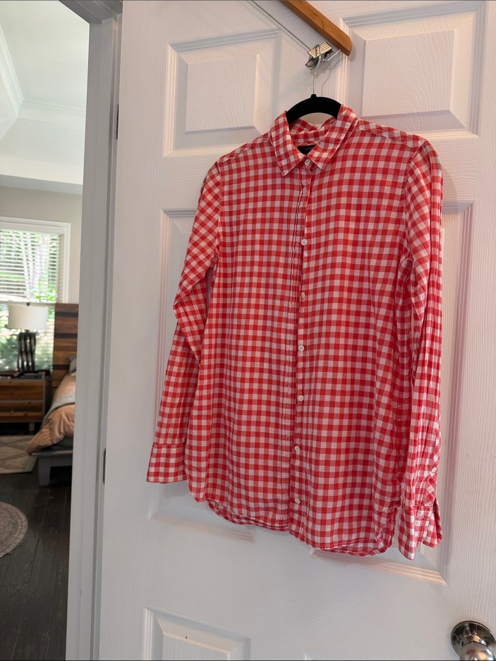 Women’s JCrew Lightweight 99% Cotton 1% Elastane Coral Gingham Button-Down